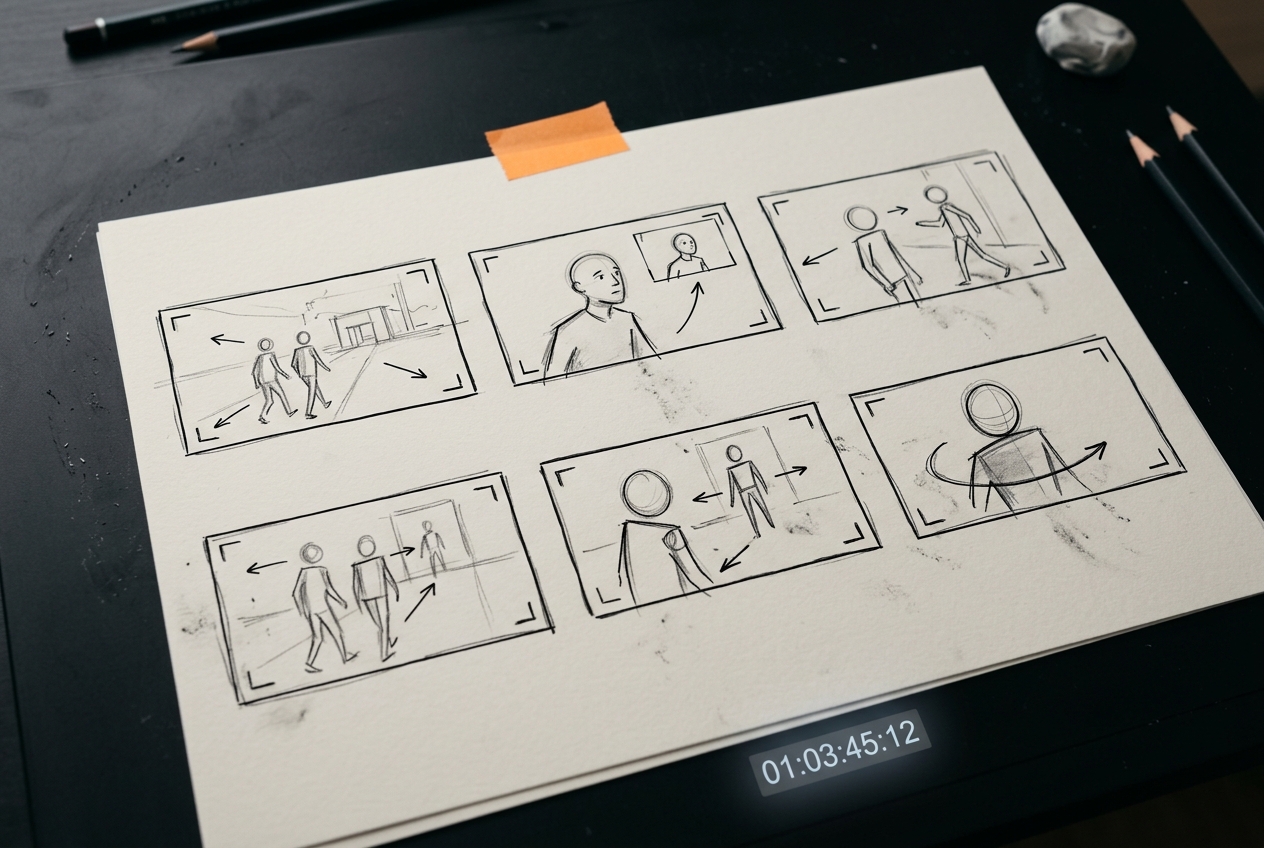 Storyboard sheet — Six-panel breakdown, ink sketch style