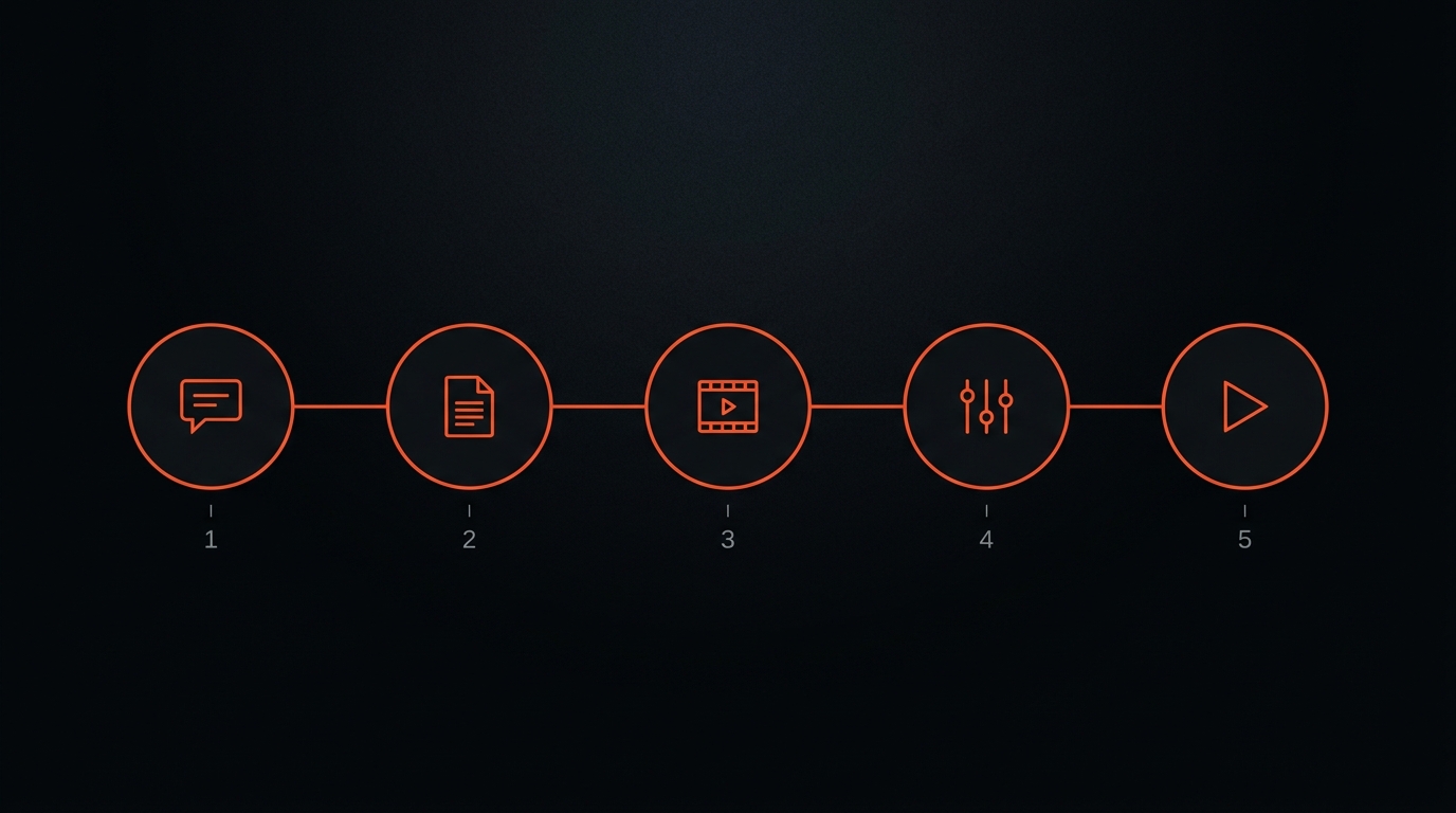 Five-step workflow from pitch to script to storyboard to adjust to animatic