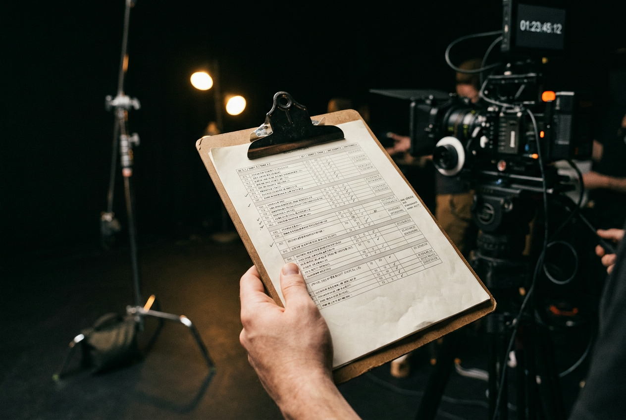 A hand holding a printed shot list on a clipboard on a film set with lighting stands in the background