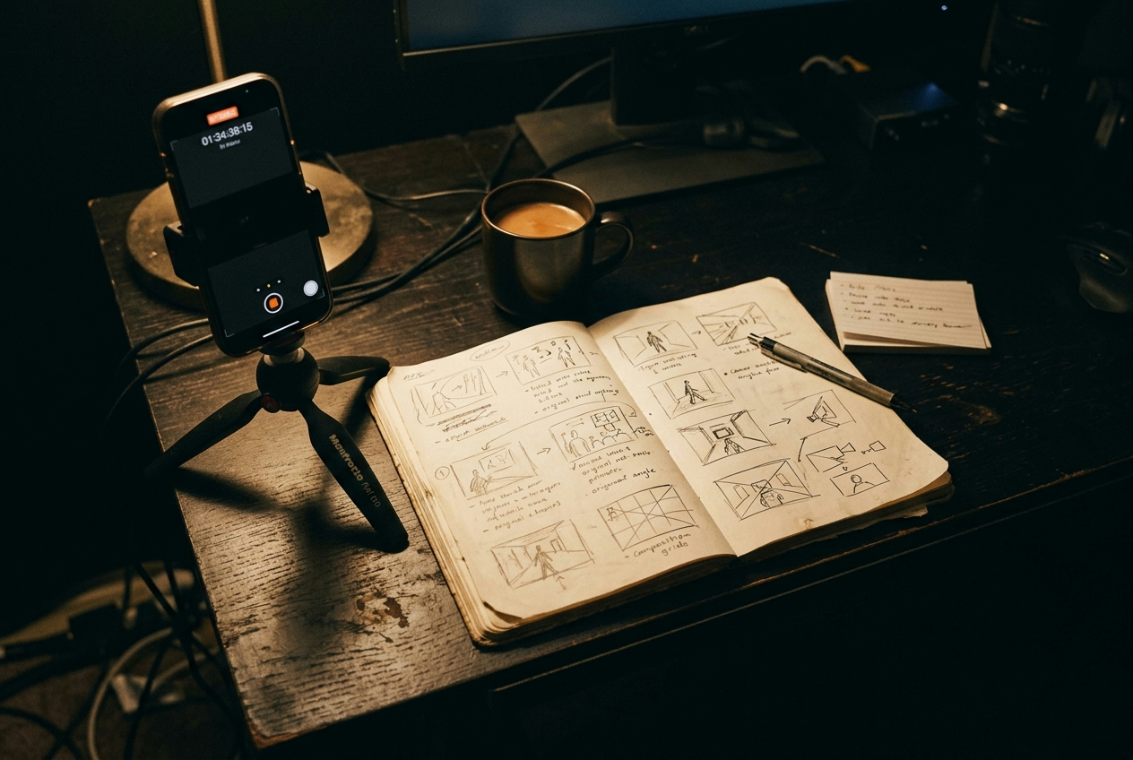 Creator's desk with an open sketchbook of storyboards, a notebook and a phone on a small tripod under warm light