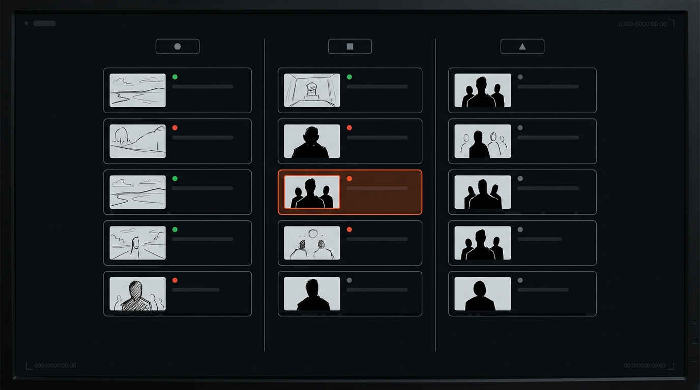 Multi-episode series planner board with three lanes of episode cards