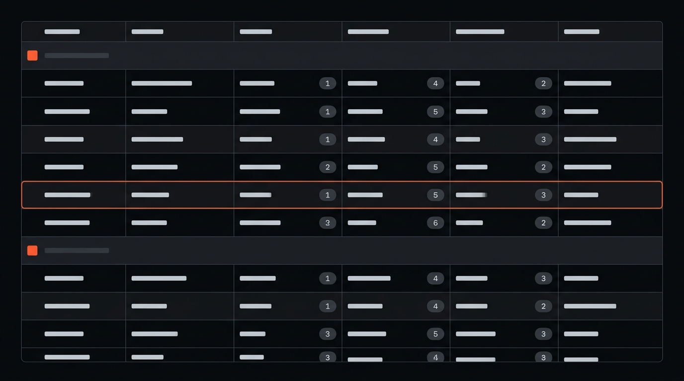 Shot list table grouped by location with one highlighted row